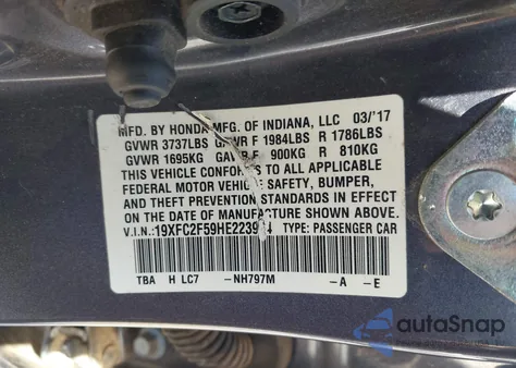 2017 Honda Civic Lx z USA, uszkodzony, nr VIN 19XFC2F59HE223964